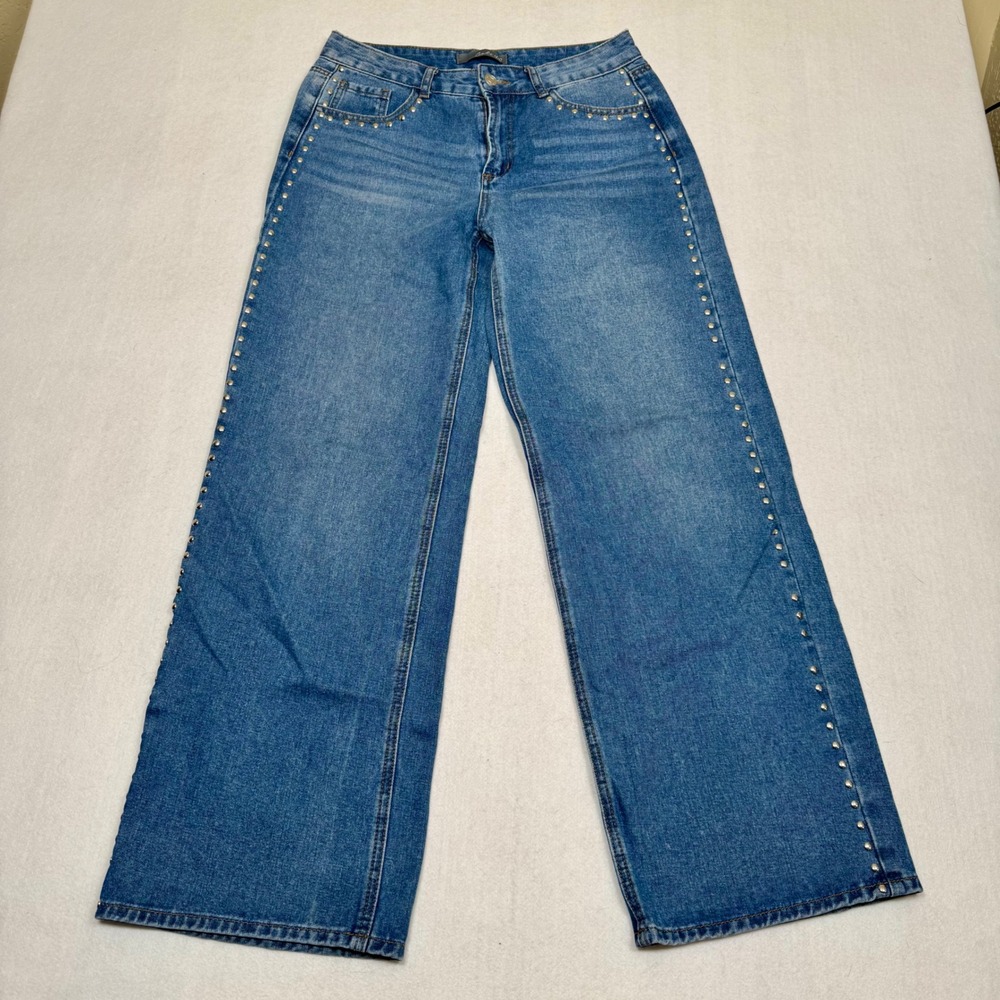 Cali 1850 Womens Studded Wide Leg Jeans Medium Wash Denim Size 7 Western Edgy
